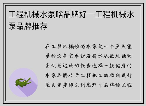 工程机械水泵啥品牌好—工程机械水泵品牌推荐